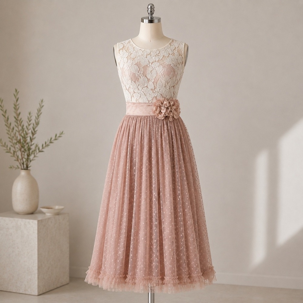 Ryu Lace Mesh Midi Dress S Pink Cream Flower Ruffle Fairy Romantic Cottage Party
